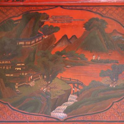 Pair of Chinoiserie Armchairs in Red Lacquer