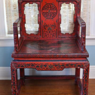 Pair of Chinoiserie Armchairs in Red Lacquer