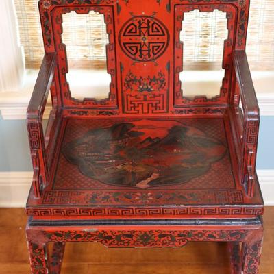 Pair of Chinoiserie Armchairs in Red Lacquer
