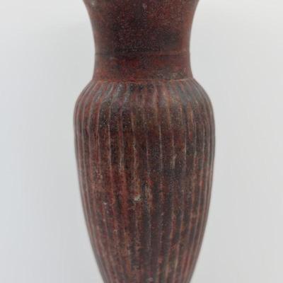 Reddish-Brown Cast Metal Bud Vase with Ribbed Body