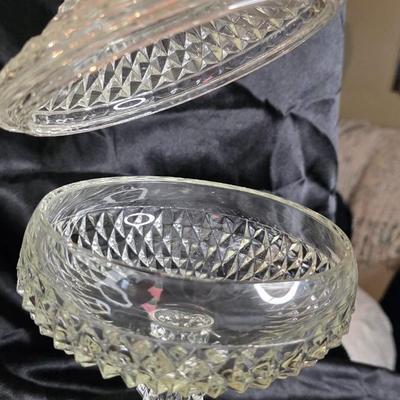 Vintage Indiana Glass Diamond Point Covered Compote – Footed Pedestal Candy Dish – Clear Pressed Glass 1960s Mid-Century Elegance