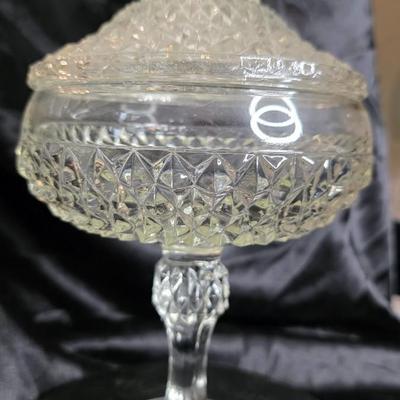 Vintage Indiana Glass Diamond Point Covered Compote – Footed Pedestal Candy Dish – Clear Pressed Glass 1960s Mid-Century Elegance