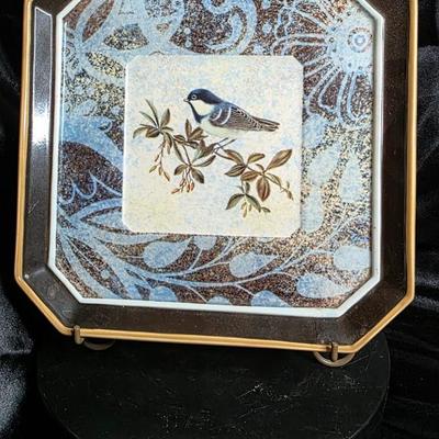 Grasslands Road Chickadee Decorative Square Plate – Vintage-Style Ceramic with Gold Trim – Nature Wildlife Art Dish