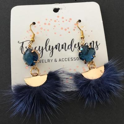Cute gold tone Blue rhinestone faux fur earrings