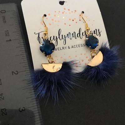 Cute gold tone Blue rhinestone faux fur earrings