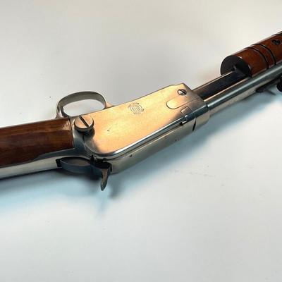 Sale Photo Thumbnail #110: Offered is a Rossi Model 62 SA Stainless Steel Pump-Action Rifle chambered in .22 Long Rifle, serial G240165 — a modern Brazilian reproduction of the legendary Winchester Model 62 “gallery gun.” This stainless Rossi captures the timeless design, smo