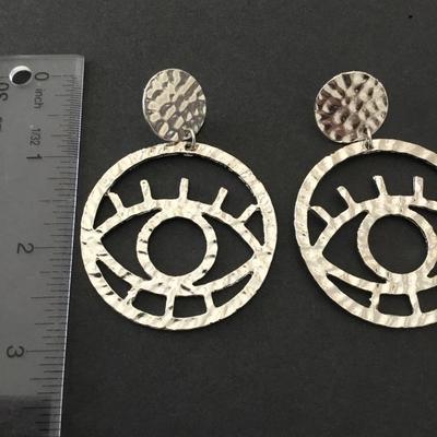 Large silver toned, all seeing eye, evil eye, statement earrings