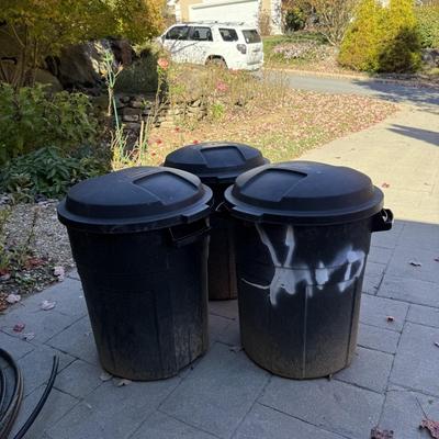 Three 20 Gallon Rubbermaid Roughnecks with Lids