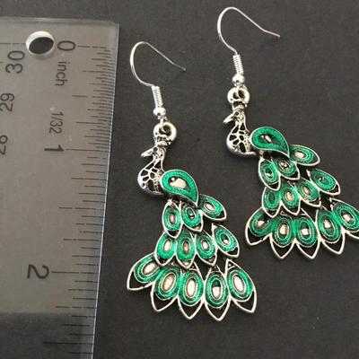 Beautiful Silver-tone green peacock earrings