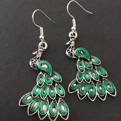 Beautiful Silver-tone green peacock earrings