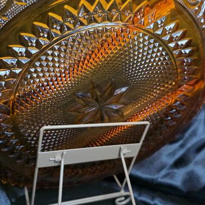 Vintage Indiana Glass Tiara “Sandwich” Amber Three-Section Relish Tray – 1970s Pressed Glass Server with Floral Scroll Design