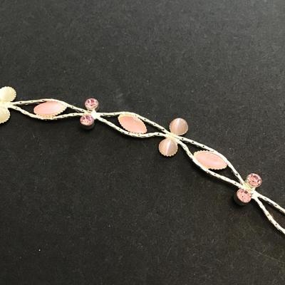 Silvertone, pink glass bead and pink rhinestone fashion bracelet