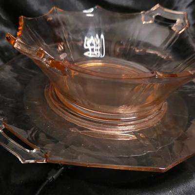 Vintage Pink Depression Glass Serving Bowl & Underplate – Octagonal handled set (Imperial Glass Style, 1930s)