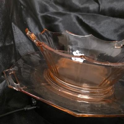 Vintage Pink Depression Glass Serving Bowl & Underplate – Octagonal handled set (Imperial Glass Style, 1930s)