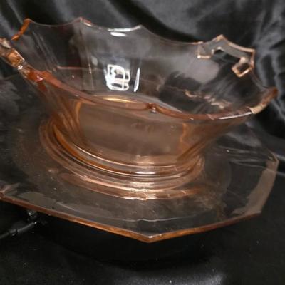 Vintage Pink Depression Glass Serving Bowl & Underplate – Octagonal handled set (Imperial Glass Style, 1930s)