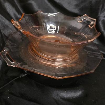 Vintage Pink Depression Glass Serving Bowl & Underplate – Octagonal handled set (Imperial Glass Style, 1930s)