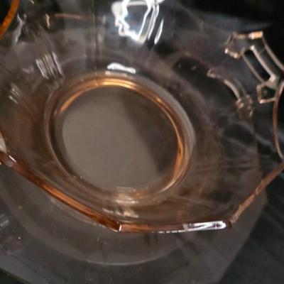 Vintage Pink Depression Glass Serving Bowl & Underplate – Octagonal handled set (Imperial Glass Style, 1930s)