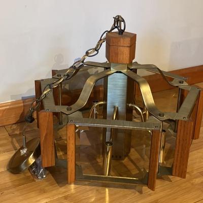 Vintage 1970s Fredrick Ramond Mid-Century Modern 5-Light Chandelier w/ Beveled Glass & Teak