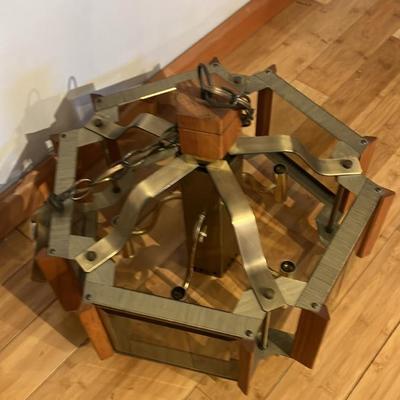 Vintage 1970s Fredrick Ramond Mid-Century Modern 5-Light Chandelier w/ Beveled Glass & Teak