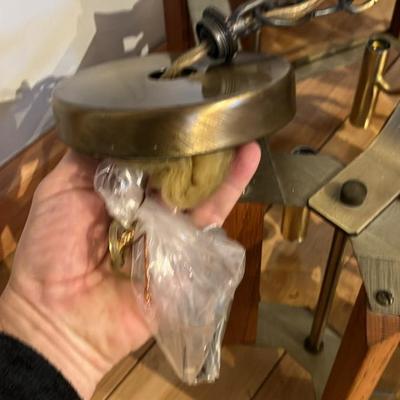 Vintage 1970s Fredrick Ramond Mid-Century Modern 5-Light Chandelier w/ Beveled Glass & Teak