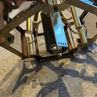 Vintage 1970s Fredrick Ramond Mid-Century Modern 5-Light Chandelier w/ Beveled Glass & Teak