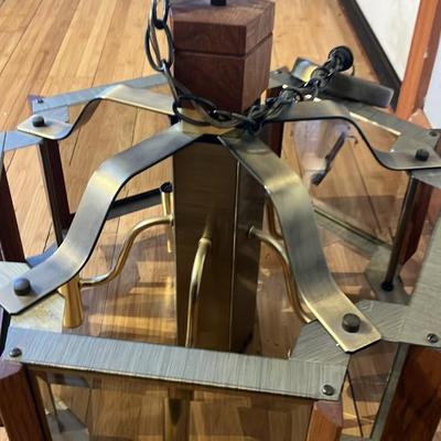 Vintage 1970s Fredrick Ramond Mid-Century Modern 5-Light Chandelier w/ Beveled Glass & Teak