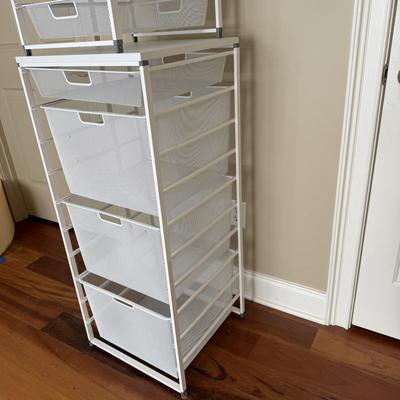 Two White Elfa Mesh Closet Organizers