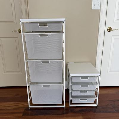 Two White Elfa Mesh Closet Organizers