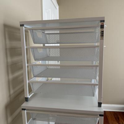 Two White Elfa Mesh Closet Organizers