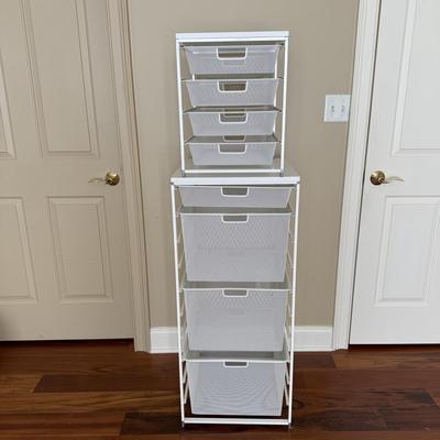 Two White Elfa Mesh Closet Organizers