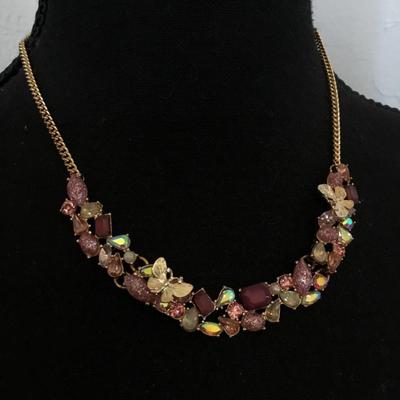 Betsey Johnson , butterfly, purple, pink rhinestone necklace, gold toned
