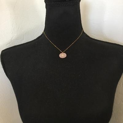 Beautiful, gold tone, rose, quartz, crystal, crystal, rhinestone, initial, K dainty necklace. Very nice quality.