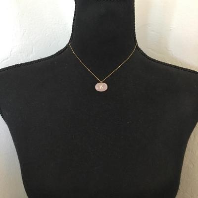 Beautiful, gold tone, rose, quartz, crystal, crystal, rhinestone, initial, K dainty necklace. Very nice quality.
