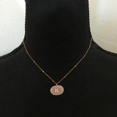 Beautiful, gold tone, rose, quartz, crystal, crystal, rhinestone, initial, K dainty necklace. Very nice quality.