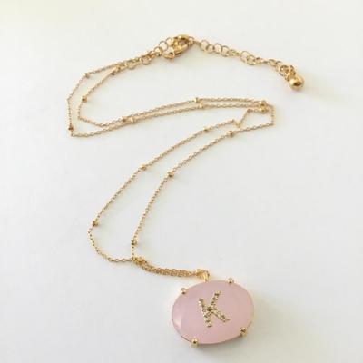 Beautiful, gold tone, rose, quartz, crystal, crystal, rhinestone, initial, K dainty necklace. Very nice quality.