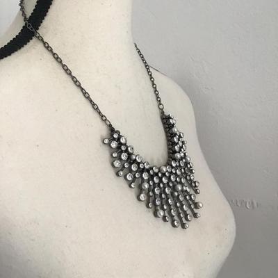 Beautiful hematite tone, crystal stone faux pearl bar, Fringe statement, necklace