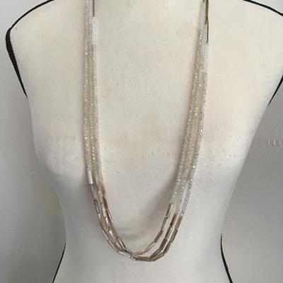 Beautiful, multi strand beaded necklace with mother of pearl, silver white glass Beads
