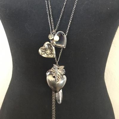 Super cute, vintage, silver tone, faux glass, rhinestone heart, locket statement, necklace layered tassel necklace