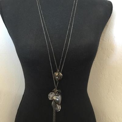 Super cute, vintage, silver tone, faux glass, rhinestone heart, locket statement, necklace layered tassel necklace