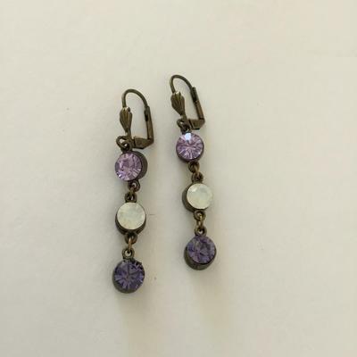 Beautiful, vintage, bronze, toned, crystal multicolored, purple rhinestone dingle earrings