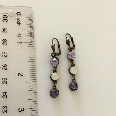 Beautiful, vintage, bronze, toned, crystal multicolored, purple rhinestone dingle earrings