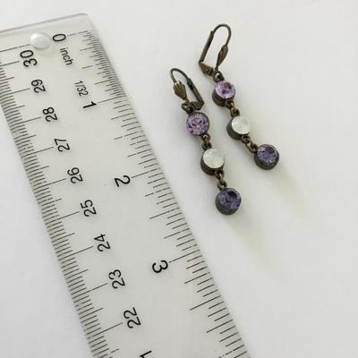 Beautiful, vintage, bronze, toned, crystal multicolored, purple rhinestone dingle earrings