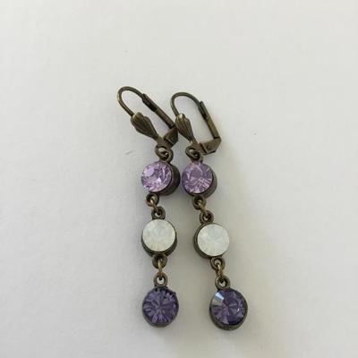 Beautiful, vintage, bronze, toned, crystal multicolored, purple rhinestone dingle earrings