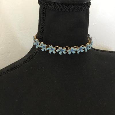 Vintage, delicate, gold tone, molded blue, plastic flower, rhinestone choker,