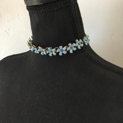 Vintage, delicate, gold tone, molded blue, plastic flower, rhinestone choker,