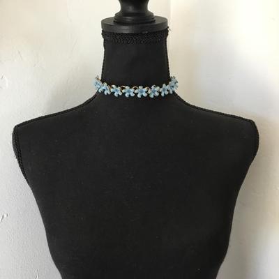 Vintage, delicate, gold tone, molded blue, plastic flower, rhinestone choker,