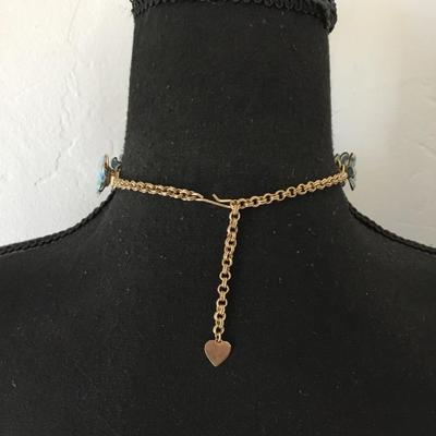Vintage, delicate, gold tone, molded blue, plastic flower, rhinestone choker,