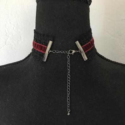Vintage Gothic , red velvet, & lace wide choker, red rhinestone, bat charms