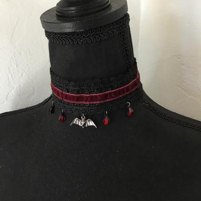 Vintage Gothic , red velvet, & lace wide choker, red rhinestone, bat charms