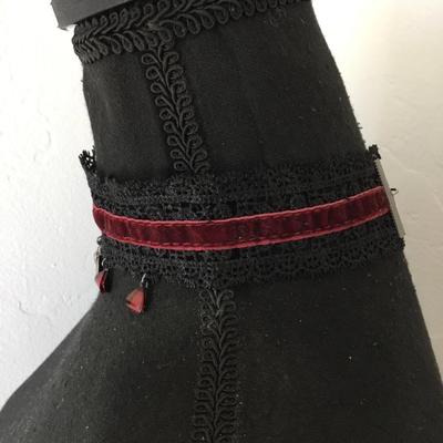 Vintage Gothic , red velvet, & lace wide choker, red rhinestone, bat charms